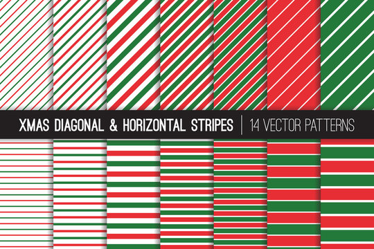 Christmas Candy Cane and Pin Stripes Seamless Vector Patterns. Red Green Xmas Diagonal and Horizontal Striped Minimal Backgrounds. Variable Thickness Lines. Pattern Tile Swatches Included.