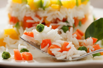 Vegetarian food, rice salad with vegetables, healthy meals