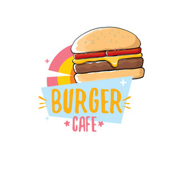 vector cartoon burger cafe logo design template with hamburger . label design element or burger house logo