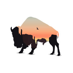 Obraz premium Silhouette of buffalo with western rocks.