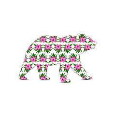 Silhouette of bear with color bouquets of lily in pink and green  tones using traditional Ukrainian embroidery elements.