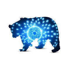 Silhouette of bear with hi tech eye neon background.