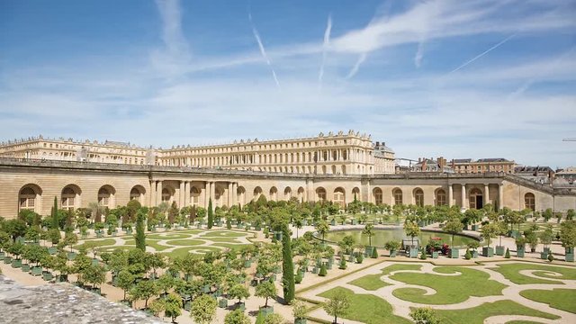 The Royal Palace in Versailles garden view, panning video
