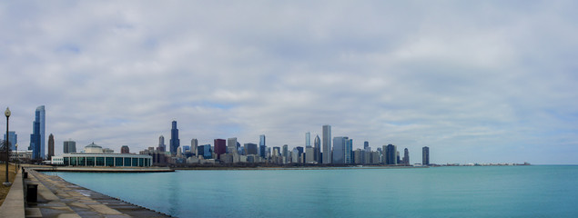 Skyscapers and skylin of Chicago and Lake Michigan from Milennium Park