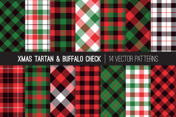 Christmas Tartan and Buffalo Check Plaid Seamless Vector Patterns. Hipster Lumberjack Flannel Shirt Fabric Textures. Green, Red, Black and White Xmas Backgrounds. Pattern Tile Swatches Included. - 176652713