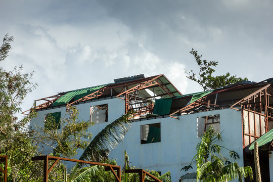 Modern buildings completely destroyed by the passage of a major hurricane / super typhoon