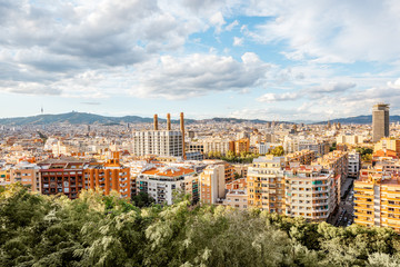 Fototapeta na wymiar Cityscape top view on Barcelona city from Miramar gardens in Spain