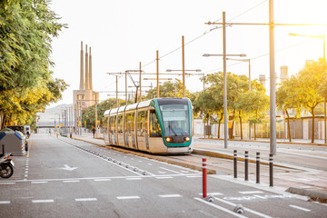 Street view with modern tram in Badalona city near Barcelona