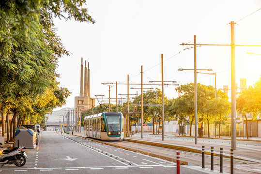 Street view with modern tram in Badalona city near Barcelona