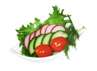 Salad of fresh vegetables In white cup on white background