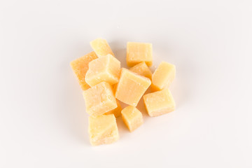 Parmesan cheese on white background