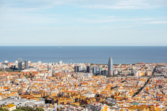 Aerial wide angle cityscape view on Barcelona city