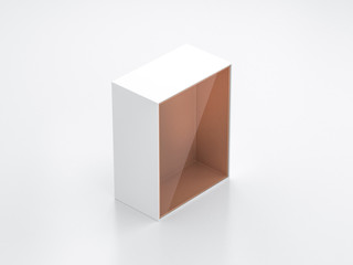 White Box mockup with transparent window and golden foil cardboard inside, 3d rendering