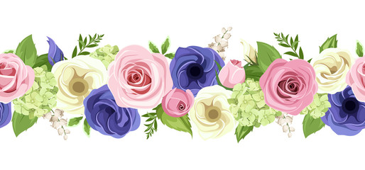 Vector horizontal seamless garland with pink, blue and white roses, lisianthuses and hydrangea flowers and green leaves.
