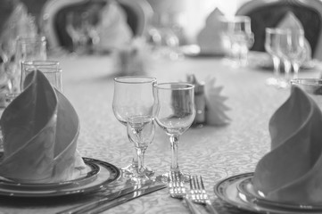 restaurant white hall with wedding table and pure glass