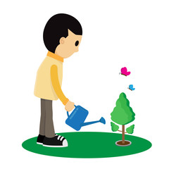 Child is watering a tree cartoon Vector illustration