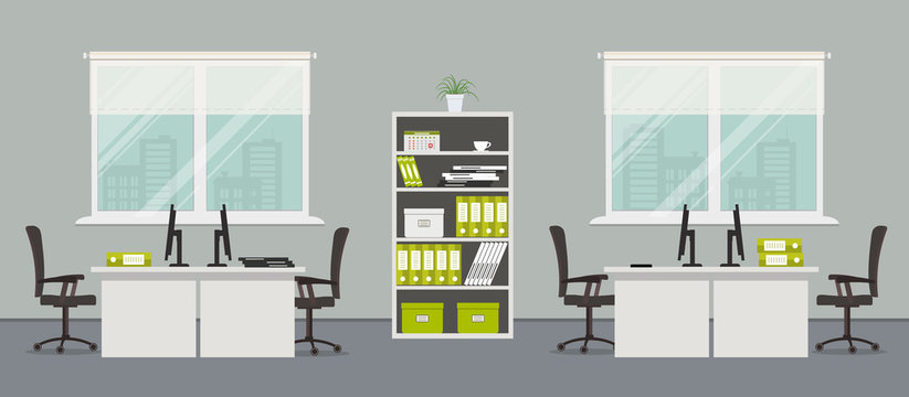 Office room in a gray color. There are white tables, black chairs, a cabinet for documents and other objects on a window background in the picture. Vector flat illustration.