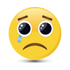 Crying emoticon with big eyes and tears in trendy flat style. Sad emoji vector illustration.