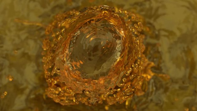 Animated fountain of automotive oil or engine oil splashing slowly filling up container against black background. Top close up shot. Liquid has no transparency.