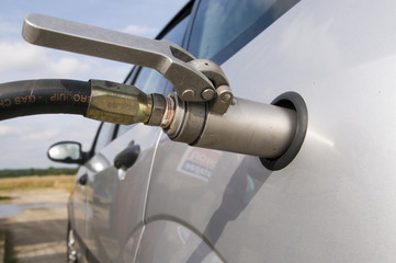 Factory fitted lpg Ford Focus refuelling at petrol station