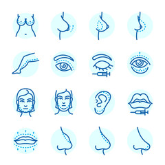 Plastic surgery body parts face correction infographic icons anaplasty medicine skin treatment beauty health procedure vector illustration