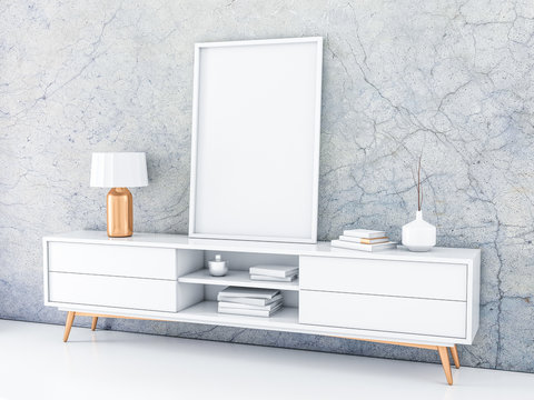 White poster Frame standing on the modern bureau in modern interior with concrete wall. 3d rendering