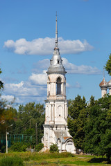 Old stone Orthodox Church on the banks of the river in Russia.