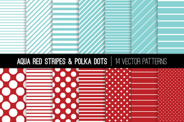 Aqua Red Polka Dot and Diagonal and Horizontal Stripes Vector Patterns. Christmas Backgrounds. Tiny and Jumbo Polka Spots and Various Thickness Lines. Tile Swatches Included.