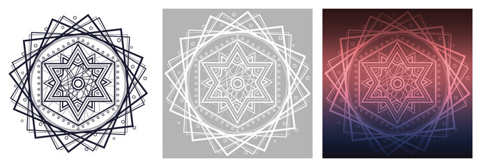Geometric mandala with Star of David in center. Round pattern for coloring book. Square gradient background.