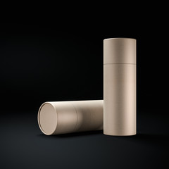 Two Kraft Brown paper tubes, tin can Mockup in black studio, 3d rendering