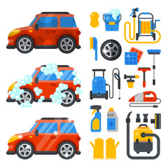 Naklejka premium Car washing service clean tools transport automobile cleaner care auto design work wash station vector illustration