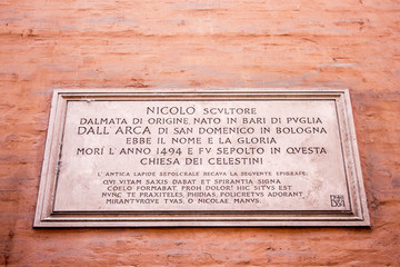 Commemorative plaque of Italian Early Renaissance sculptor Niccolo dell'Arca in a house in Bologna, northern Italy