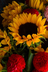 Dahlia and sunflowers flowers bouquet close up