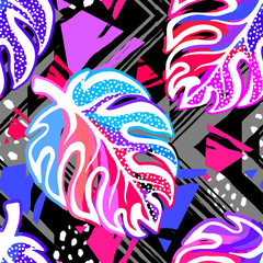 Obraz premium Tropical seamless exotic leaves vector pattern.