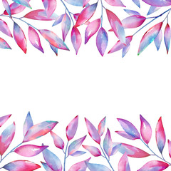 Fototapeta na wymiar Square template for floral card design. Watercolor hand drawn lilac-pink with blue leaves and branches isolated on white background.
