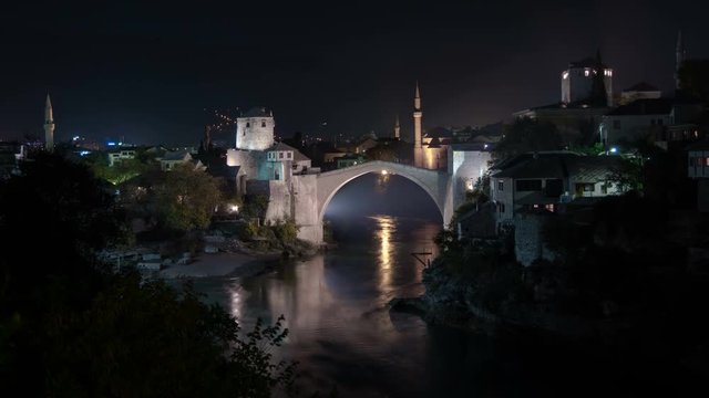 Stari Most and Neretva River in Mostar, Timelapse