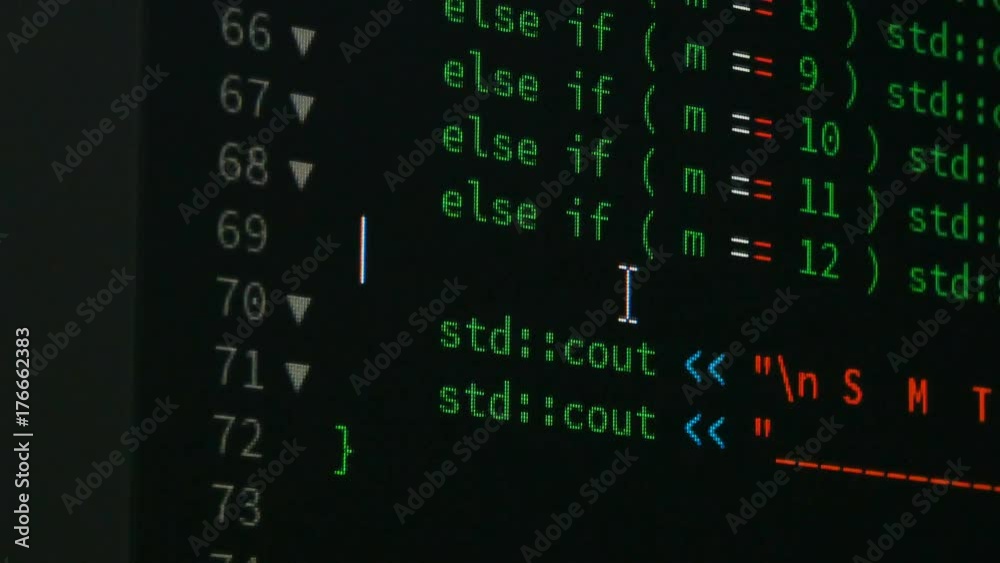 Poster programmer scrolling up and down and checking code for editing futuristic technology concept with gr