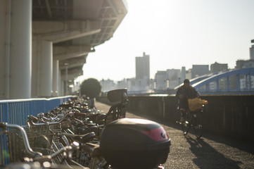 Rows of bikes are placed on the road resting at a railing in Tokyo. The disorder of parking becomes a social problem according the increase of share bikes.