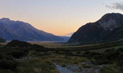 Mount Cook valley in New Zealand at sunset