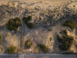 Aerial view of a walkway leading to the beach, surrounded by sand and bushes at sunset. Sabaudia, Italy.