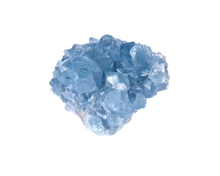 Blue celestite cluster isolated on white background