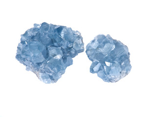 Blue celestite cluster isolated on white background