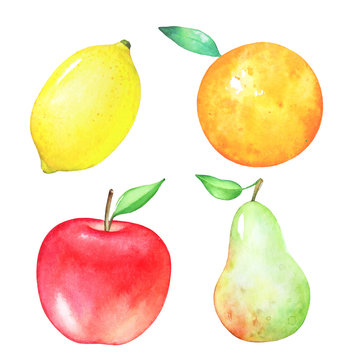 Colorful set of watercolor hand drawn juicy fruits isolated on white background