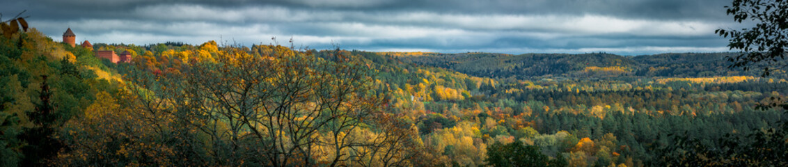  Picturesque view on valley of Gaujas national park. Trees changing colors in foothills.  Colorful Autumn day at city Sigulda in Latvia. 
