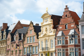 Fototapeta na wymiar Picturesque medieval buildings overlooking the Graslei harbor in Ghent, Belgium