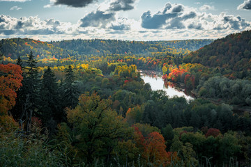  Picturesque view on valley of Gaujas national park. Trees changing colors in foothills.  Colorful Autumn day at city Sigulda in Latvia. 