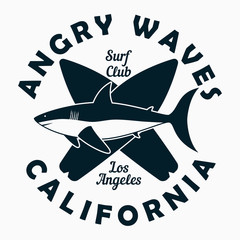 Fototapeta premium California, Los Angeles - typography for design clothes, t-shirt. Graphic print with shark and surfboard. Surf club stamp for apparel. Vector illustration.