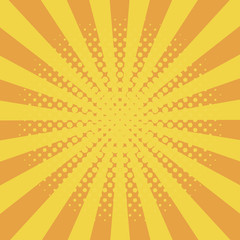 Comic background with halftone effect and sunburst. Comic book elements with dots and sunray. Yellow starburst abstract backdrop. Vector illustration.