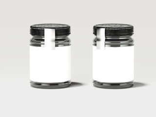 Two white jars with silver labels. 3d rendering