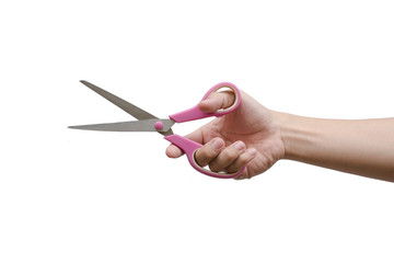 man hand holding scissors isolates on white background with clipping path.